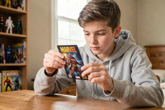 Adolescent tenant une carte Marvel Leclerc 2026 dans sa chambre, collection de stickers superhéros