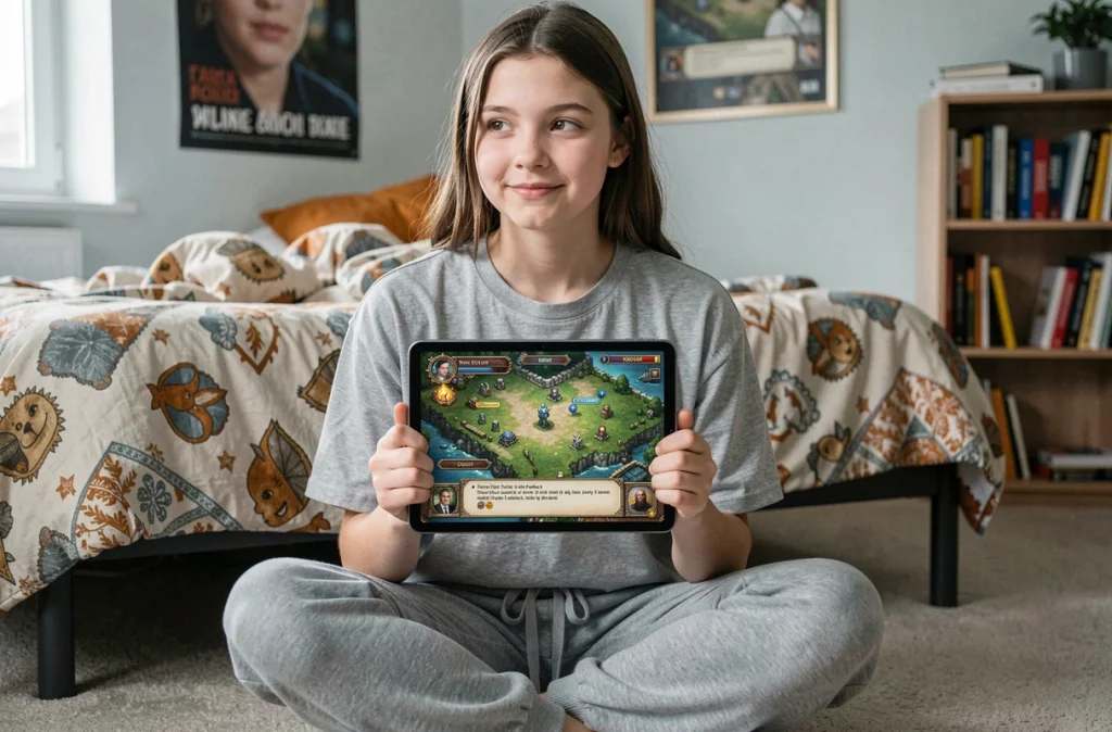 Adolescente jouant à Dofus sur tablette dans sa chambre, consultant la carte de quête Il y a un os de Wabbit