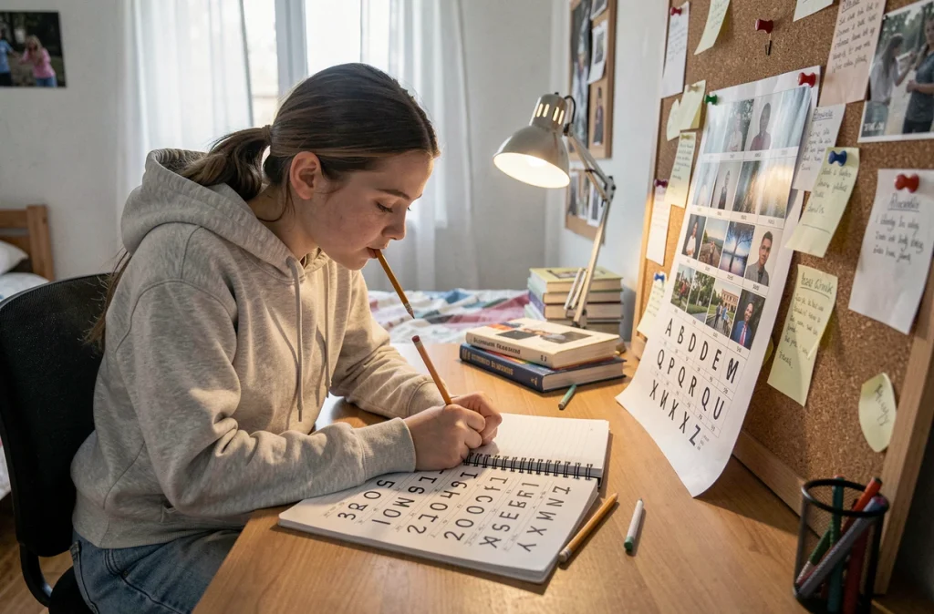 Adolescente révisant les numéros des lettres de l'alphabet avec un tableau imprimé et un carnet de notes dans sa chambre