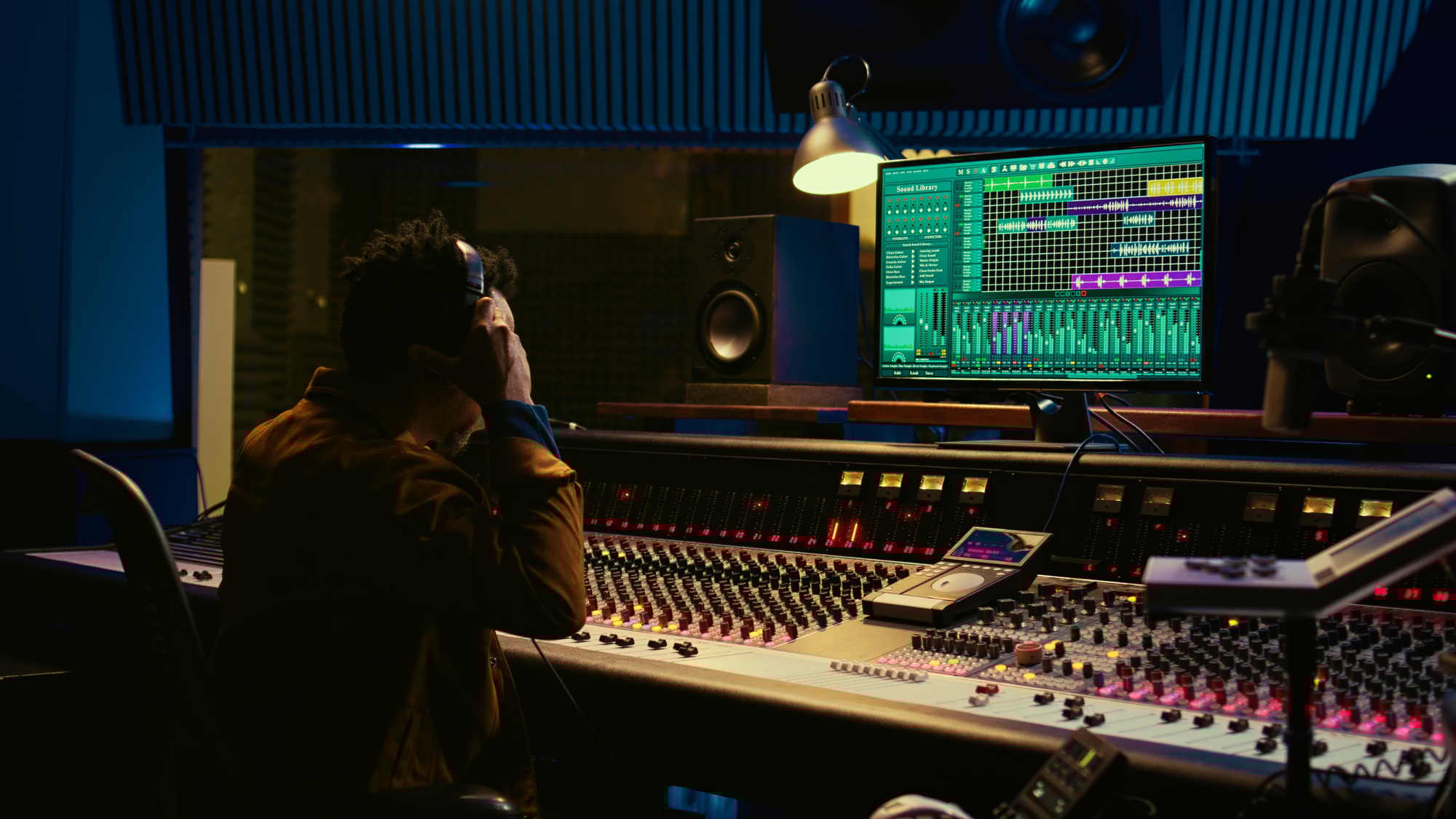 African american sound designer removing tonal imbalances and white noise