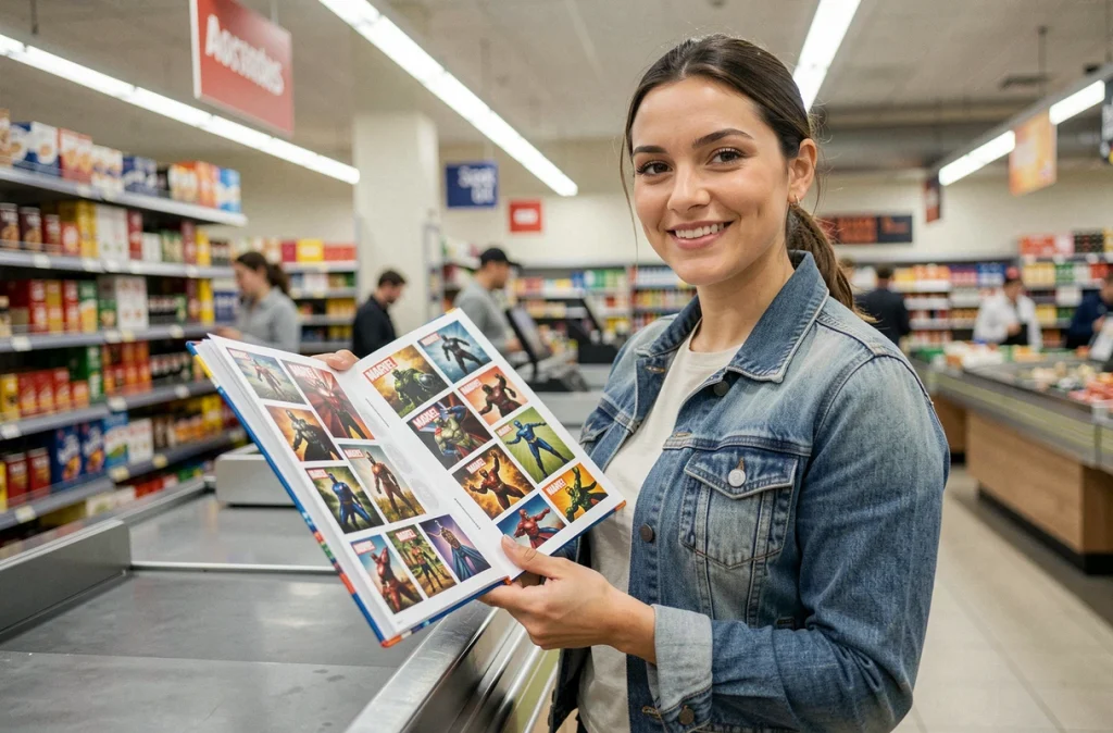 Femme feuilletant un album de stickers Marvel Leclerc 2026 en supermarché