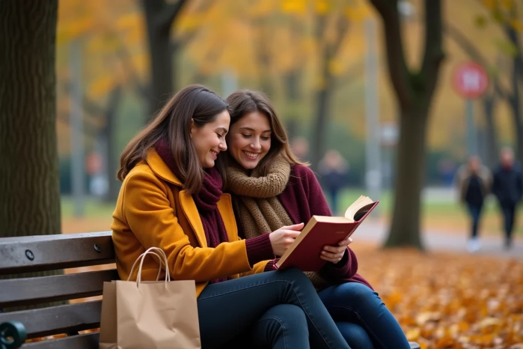 Deux amies partageant une citation sur l'amitié dans un parc en automne pour un anniversaire