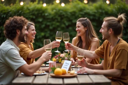 Groupe d'amis qui fêtent un anniversaire en terrasse avec une citation manuscrite sur la table