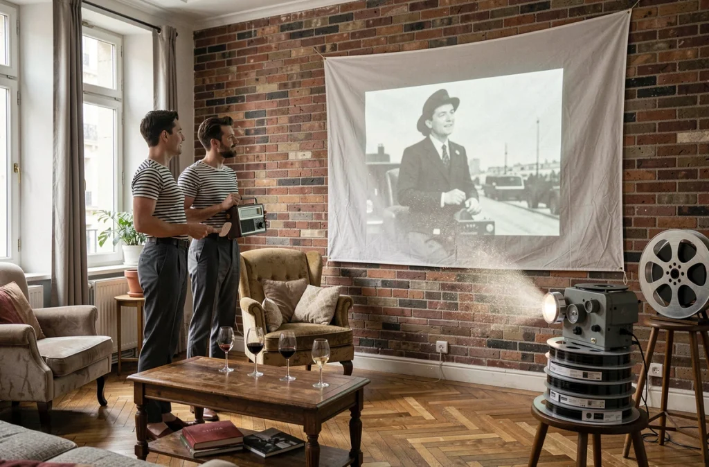 Deux amis en tenue des années 60 regardant un film en noir et blanc projeté dans un appartement parisien bohème, évoquant l'atmosphère du cinéma et de la chanson française de l'époque