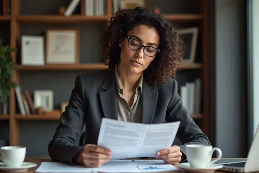 Responsable RH analysant un rapport d'évaluation du potentiel d'un salarié dans son bureau