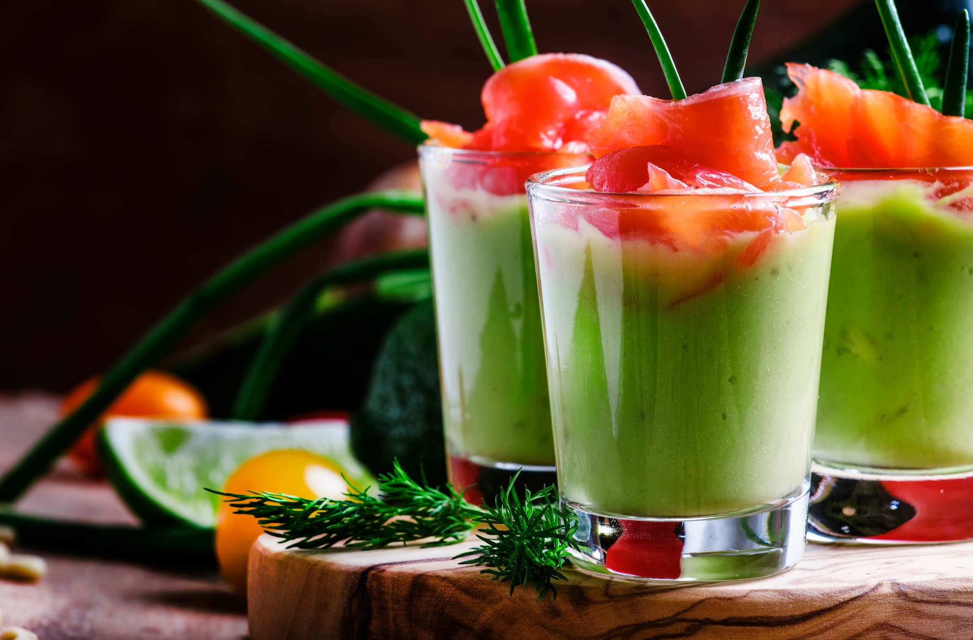 Appetizer with smoked salmon and avocado mousse, served in glasses