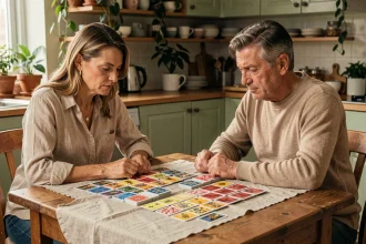 Deux adultes apprenant à jouer à la crapette autour d'une table en bois avec des cartes disposées en colonnes
