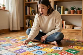 Jeune femme apprenant les numéros des lettres de l'alphabet avec des flashcards colorées sur un parquet en bois