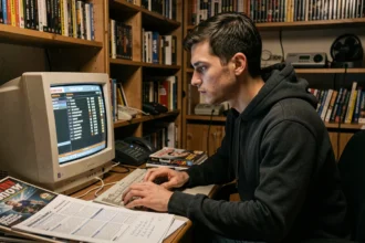 Jeune homme consultant des archives de forum de jeux vidéo sur un vieux moniteur CRT entouré de magazines gaming et cartouches rétro