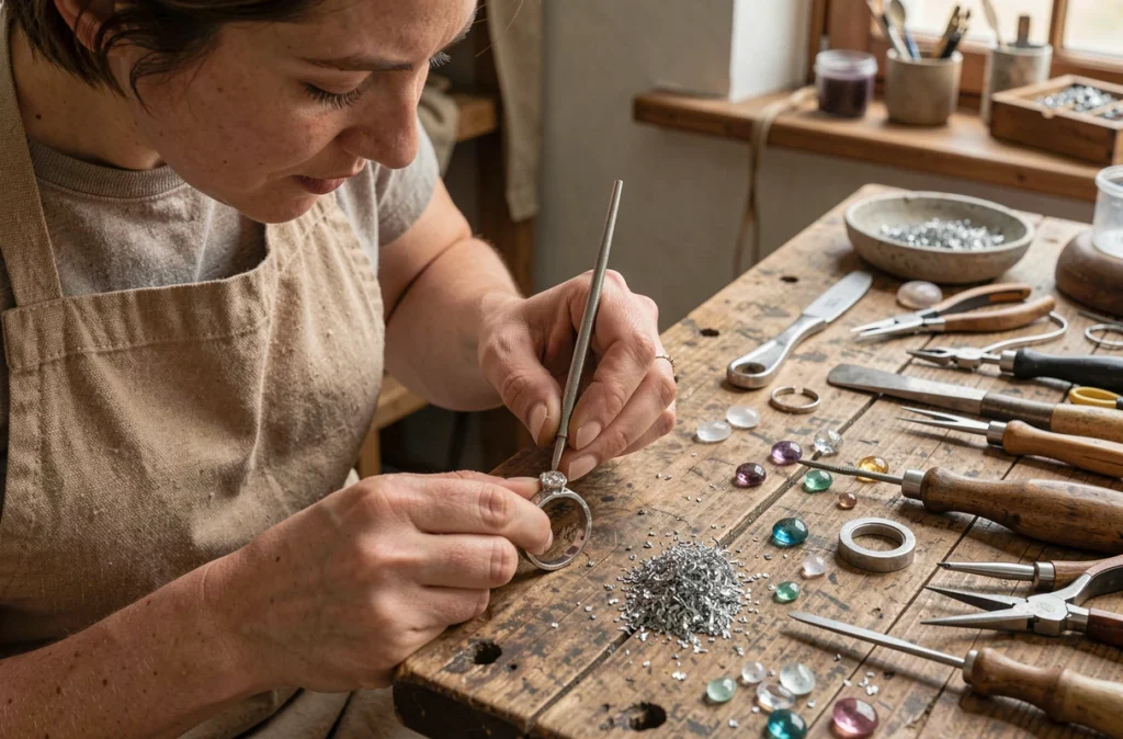 Artisan joaillier d'Argaur enchâssant une pierre précieuse dans une bague en argent sur son établi