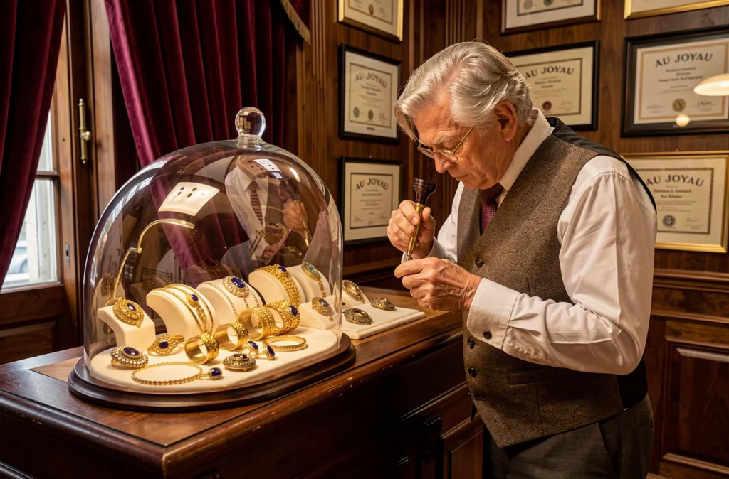 Joaillier d'Au Joyau examinant un bijou antique à la loupe derrière un comptoir en acajou avec des pièces en or et saphirs