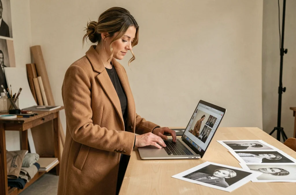 Aurélie Perillou, photographe portrait à Paris, révisant des tirages et images sur ordinateur dans son studio