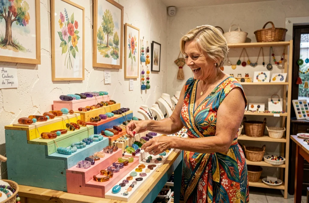 Propriétaire d'Aux Couleurs du Temps arrangeant des bijoux artisanaux en pierres semi-précieuses colorées dans sa boutique chaleureuse