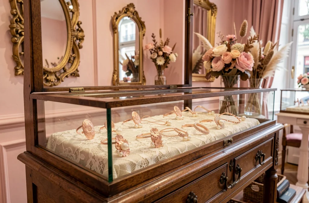 Vitrine romantique de Baiser Volé avec des bijoux en or rose et perles posés sur de la dentelle ancienne
