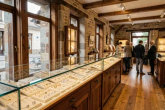 Intérieur d'une bijouterie artisanale dans le Grand Est, avec des vitrines remplies de bijoux en or et argent
