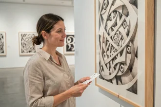 Femme tenant un billet devant une œuvre d'Escher au musée de Toulouse