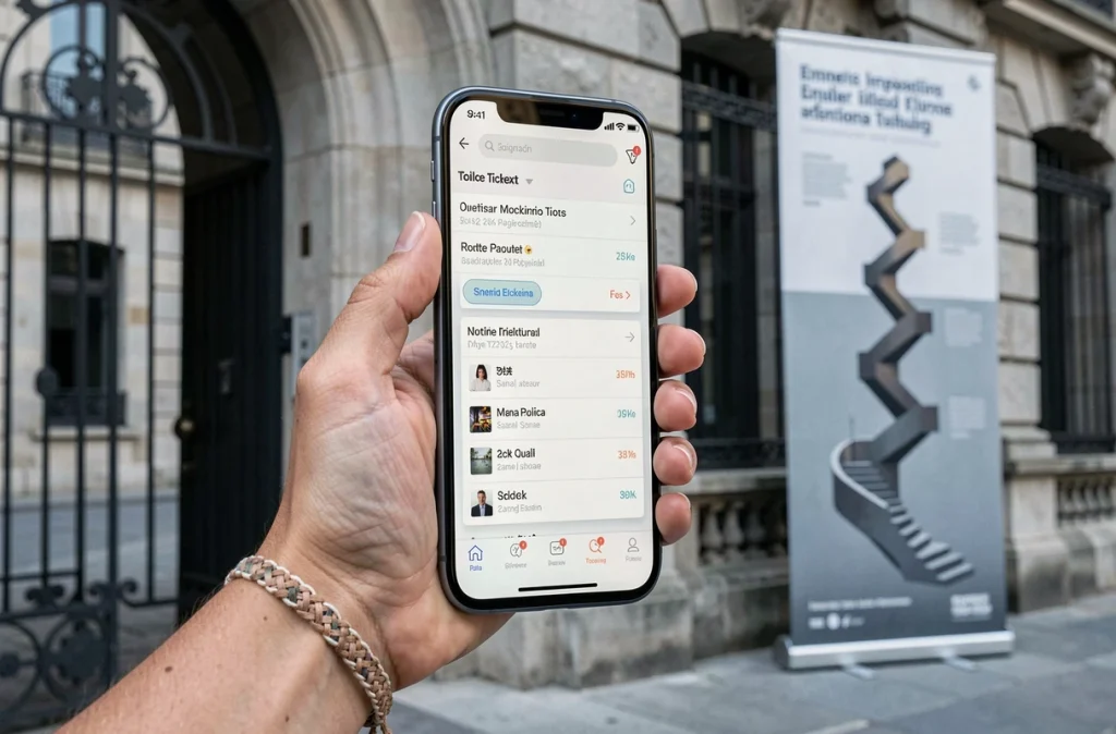 Billet mobile pour l'exposition Escher affiché sur un smartphone devant un musée à Toulouse
