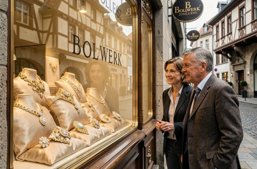 Devanture de Bollwerk Joailliers à Strasbourg avec une vitrine de bijoux anciens en or et diamants