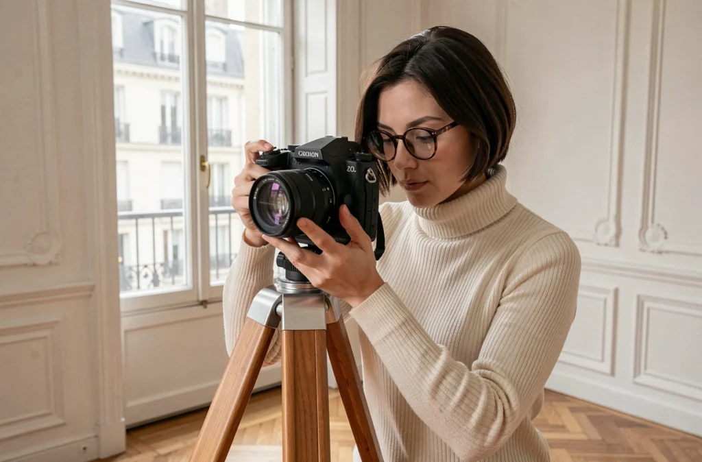Camille Decugis, photographe portrait parisienne, réglant son appareil photo sur trépied dans un appartement haussmannien lumineux
