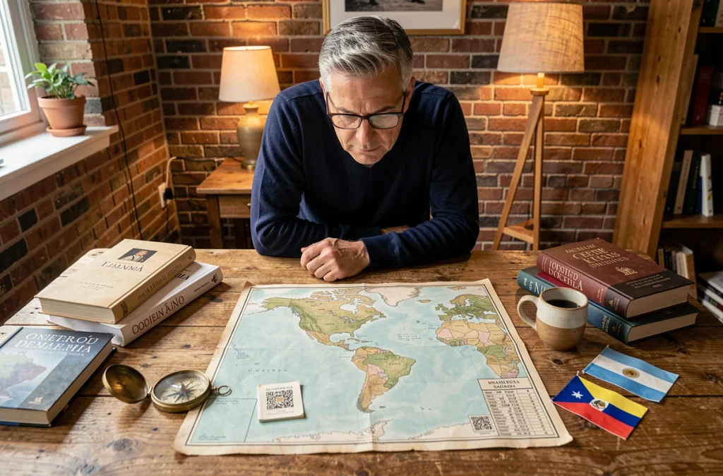 Vue aérienne d'une carte des Amériques entourée de drapeaux miniatures hispanophones et de livres en espagnol sur une table en bois rustique