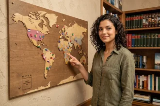 Femme pointant une carte du monde avec des épingles marquant les pays hispanophones à travers l'Amérique latine et l'Espagne
