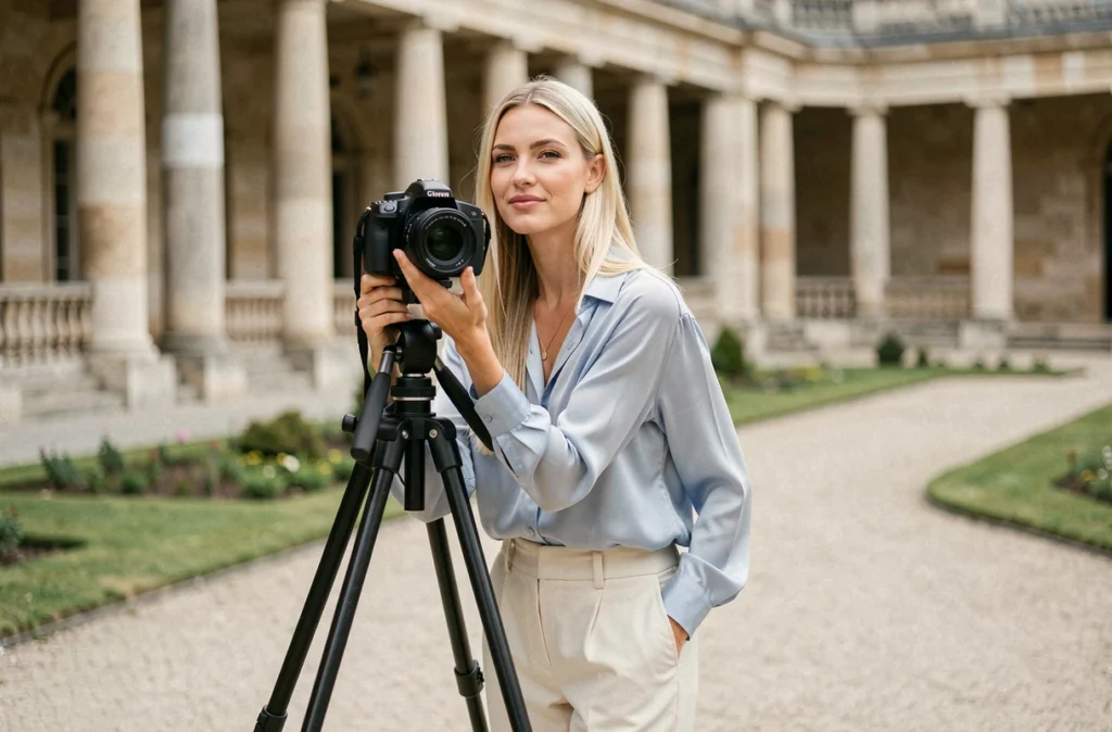 Chloé Hautier, photographe portrait parisienne, posant avec son appareil dans le jardin du Palais Royal