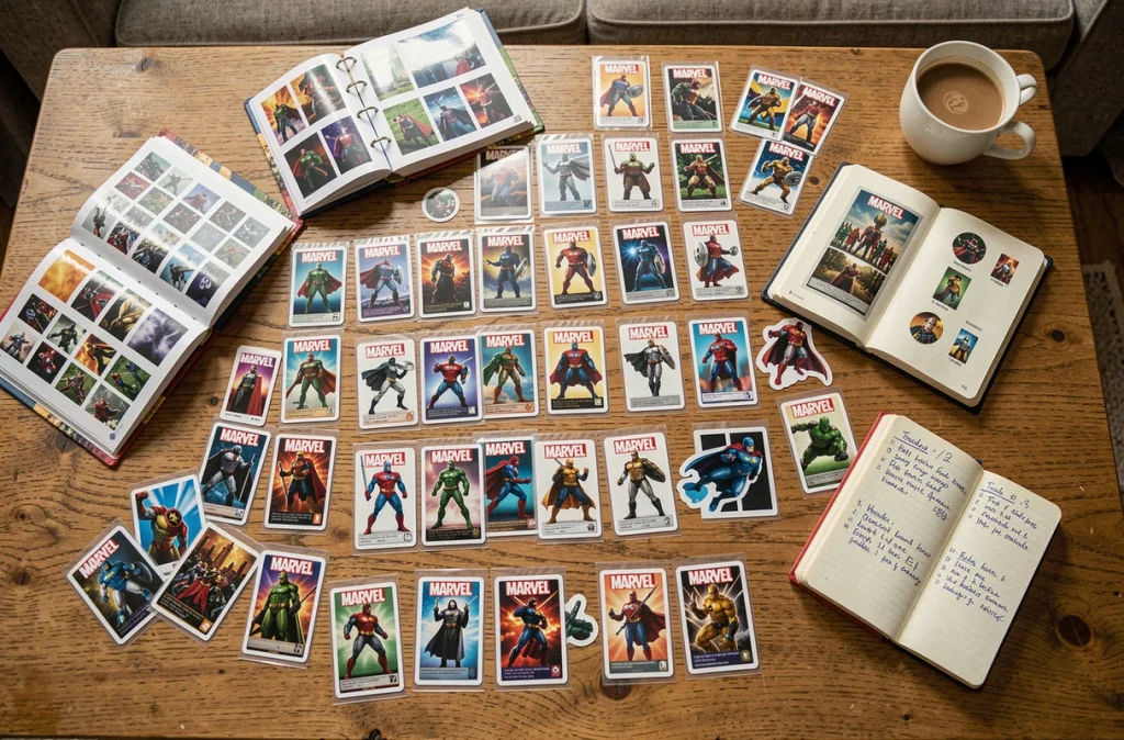 Vue du dessus d'une collection de cartes Marvel Leclerc 2026 étalées sur une table avec album ouvert