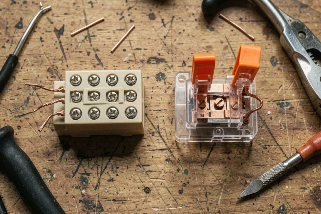 Comparaison côte à côte d'un domino électrique classique et d'une borne de connexion rapide sur un établi de travail