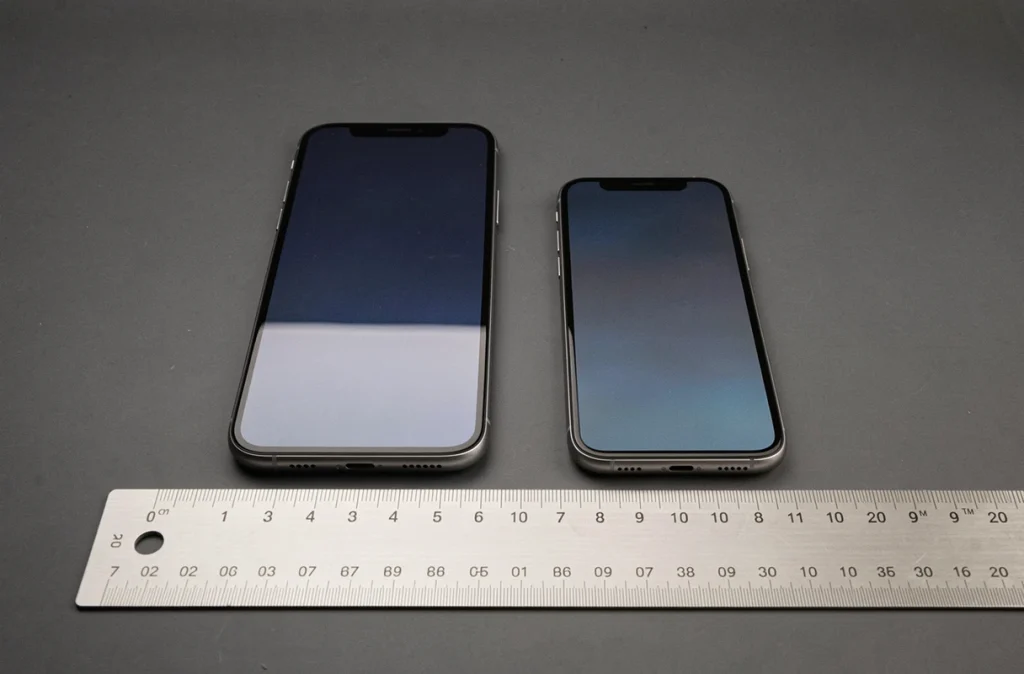 Comparaison de deux smartphones dont un de 6,8 pouces avec une règle en centimètres sur fond gris