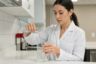 Femme en blouse blanche versant un liquide d'un cylindre gradué de 50 ml dans une tasse de mesure en litres sur un plan de travail moderne