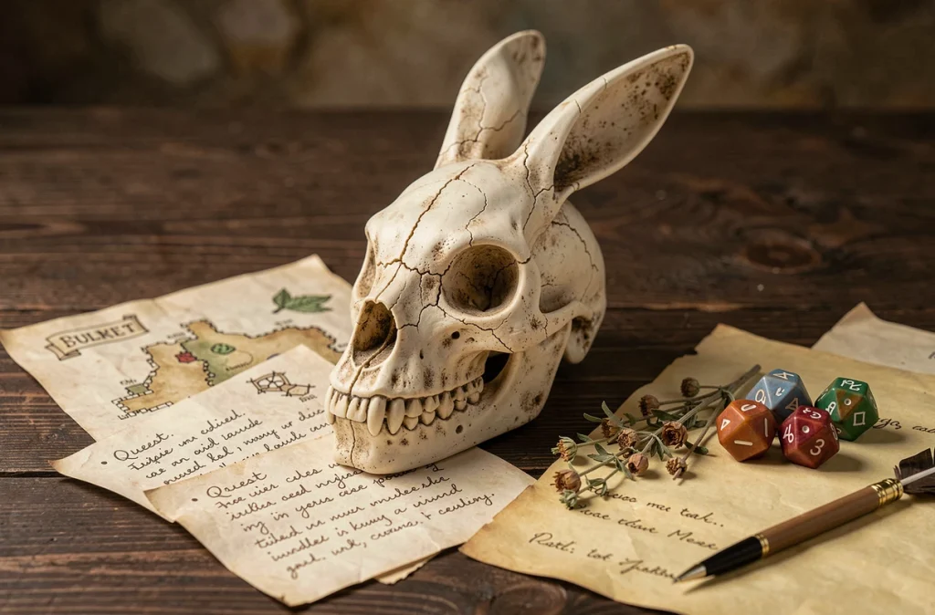 Crâne de lapin en résine entouré de notes de quête et carte de donjon, symbolisant la quête Dofus Il y a un os de Wabbit