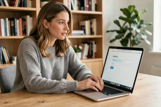 Femme créant un compte sur une plateforme logicielle bêta depuis son bureau à domicile