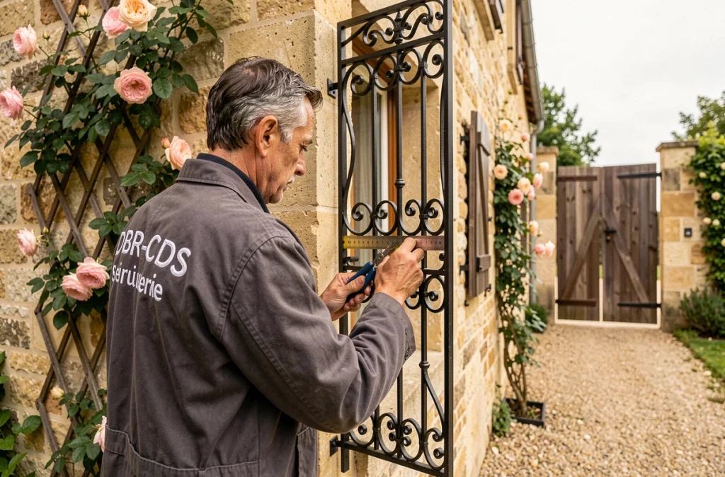 Serrurier DBR-CDS Serrurerie posant une grille de sécurité en fer forgé sur une fenêtre d'une maison en pierre