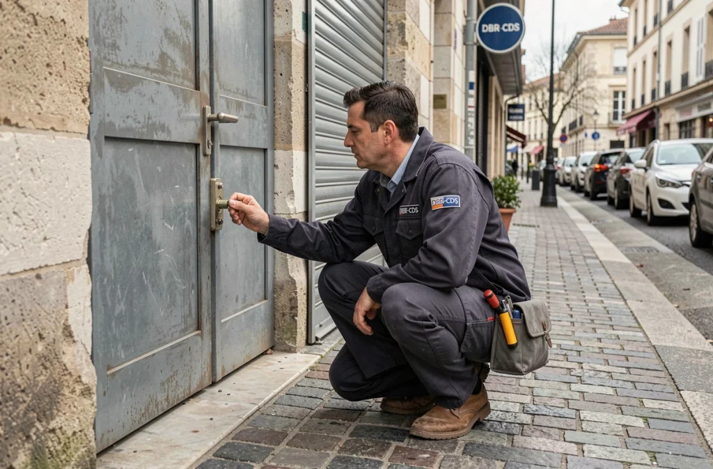 Serrurier DBR-CDS remplaçant un cylindre sur une porte sécurisée d'un commerce en France