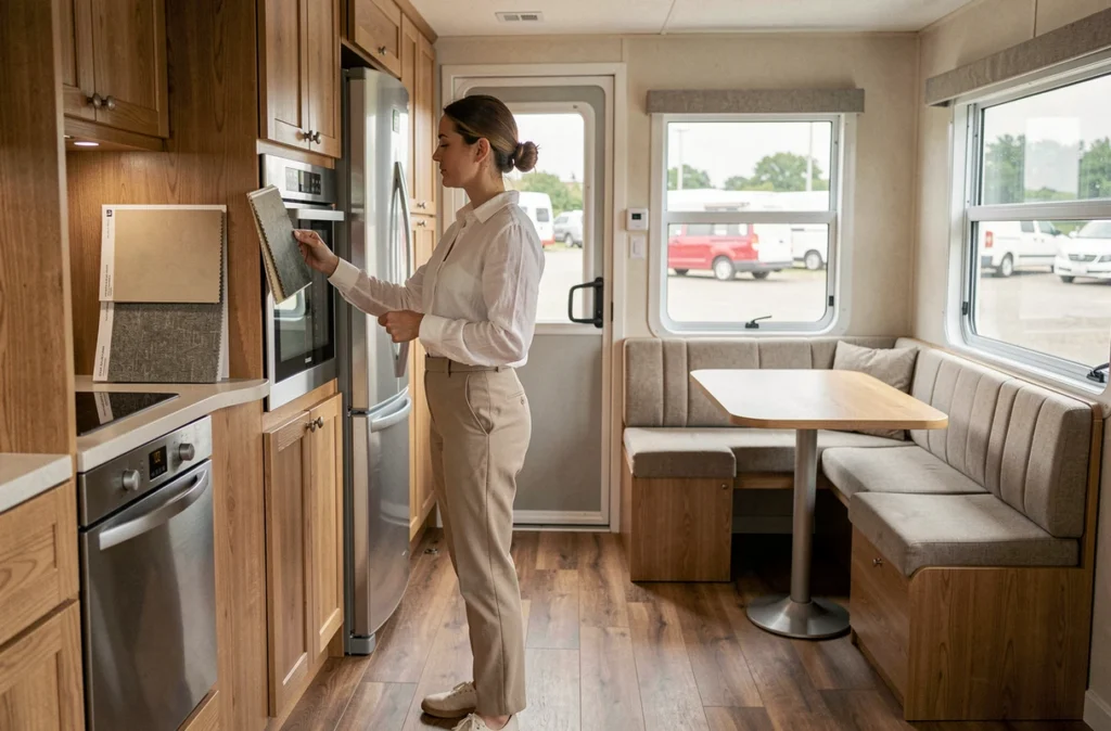 Designer intérieure examinant des échantillons de matériaux dans un mobil-home français aménagé exposé en showroom