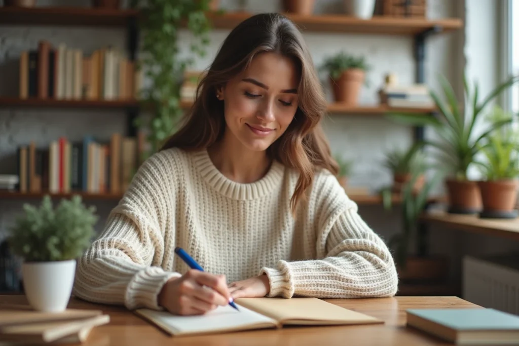 Femme écrivant une citation sur l'amitié dans une carte d'anniversaire artisanale