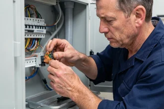Électricien professionnel installant une borne de connexion rapide Wago dans un tableau électrique résidentiel ouvert