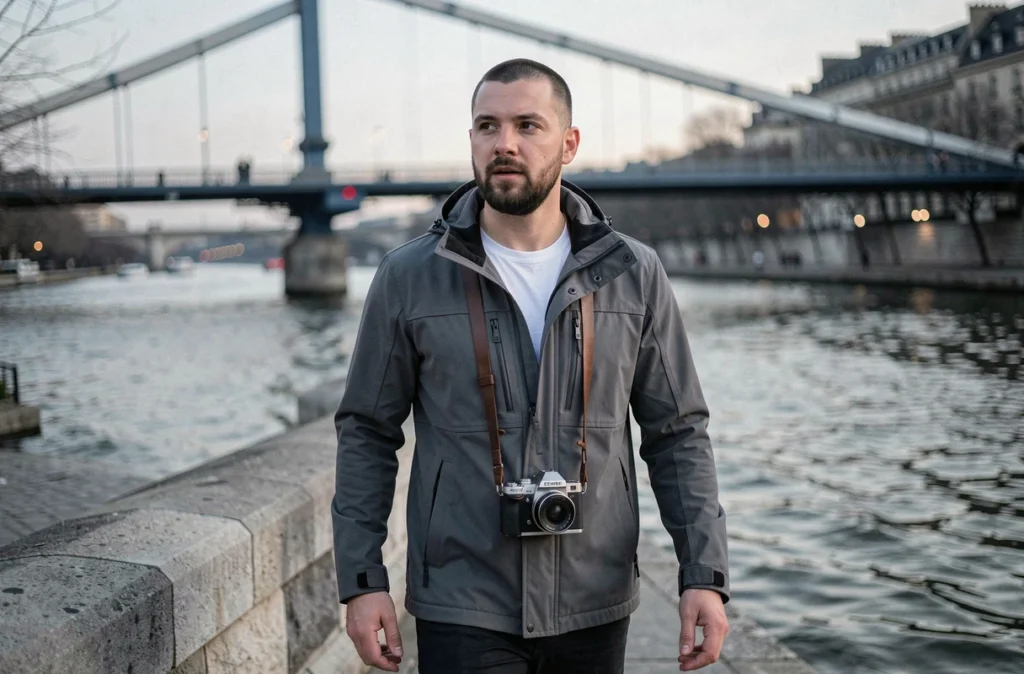Elliot Aubin, photographe portrait parisien, marchant le long des quais de Seine avec son appareil photo