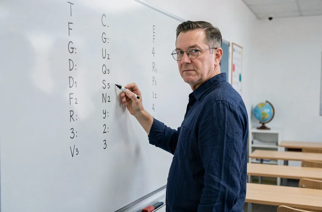 Enseignant écrivant les numéros des lettres de l'alphabet sur un tableau blanc dans une salle de classe moderne