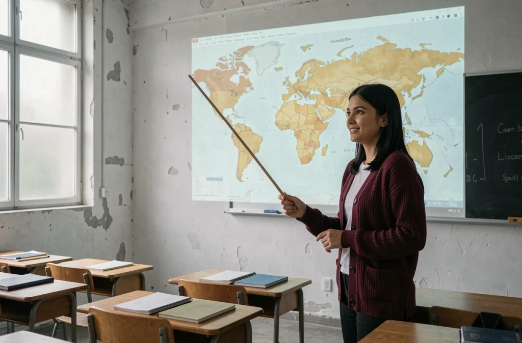 Enseignante présentant une carte des pays hispanophones sur trois continents dans une salle de cours universitaire