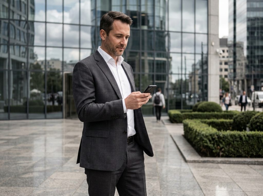 Entrepreneur masculin devant un immeuble de bureaux contemporain en verre consultant son téléphone