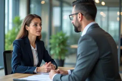 Entretien d'évaluation de potentiel entre une salariée et un responsable RH dans un bureau moderne