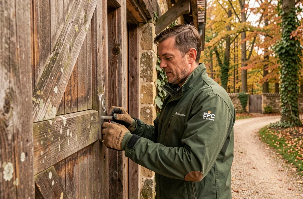 Technicien EPC De Sologne installant un verrou haute sécurité sur la porte d'une ferme en Sologne