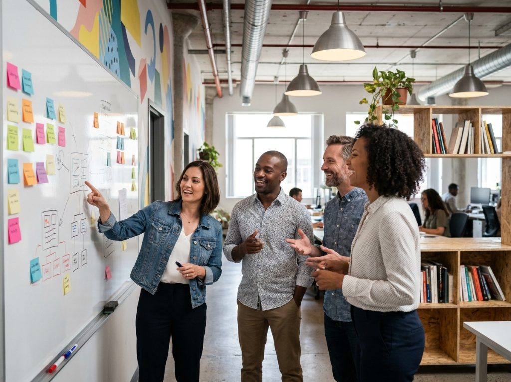 Équipe créative diversifiée collaborant autour d'un tableau blanc dans un espace de travail agence