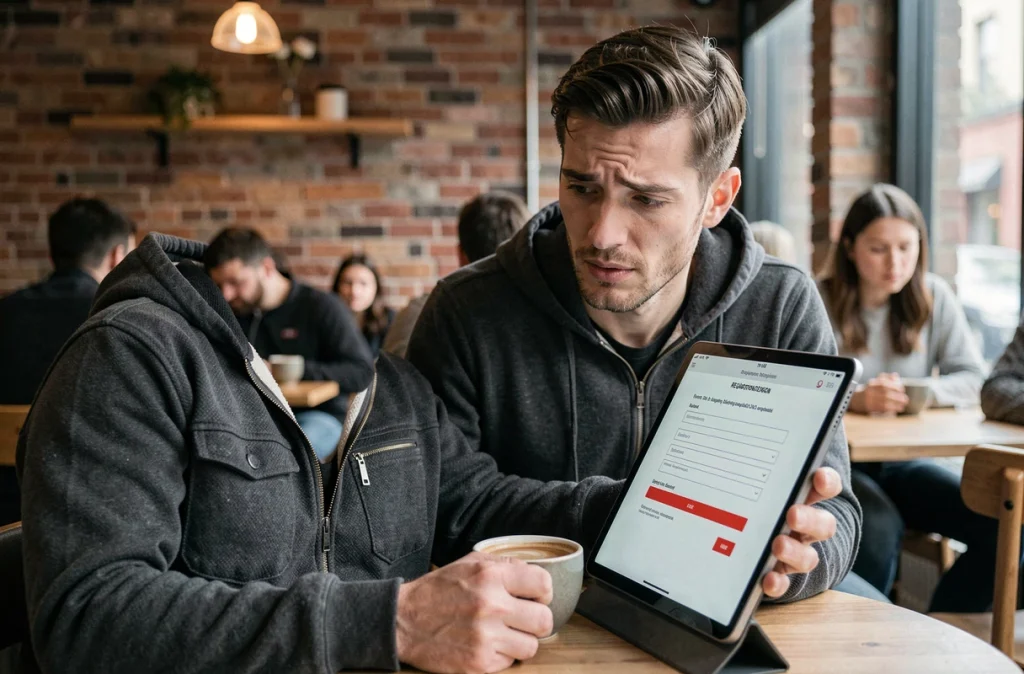 Homme consultant une tablette dans un café pour corriger des erreurs lors de son inscription sur un site de jeux
