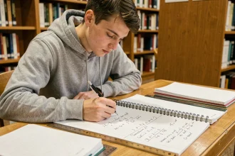 Étudiant calculant la conversion hectares en kilomètres carrés sur du papier quadrillé dans une bibliothèque universitaire