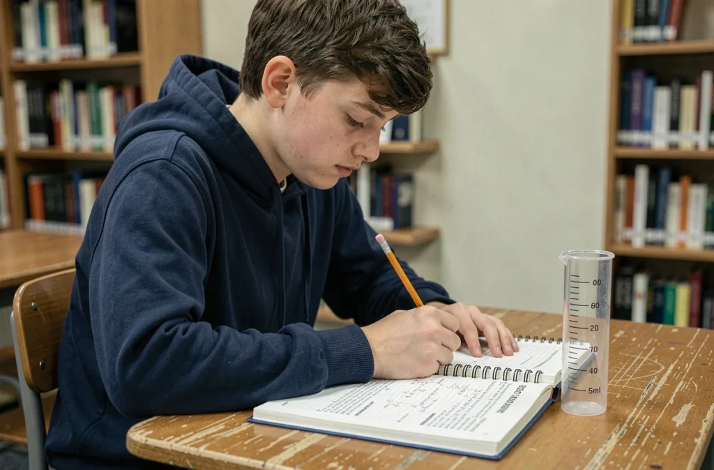 Adolescent en sweat bleu marine étudiant la conversion des unités avec un cylindre gradué de 50 ml posé sur son bureau de classe