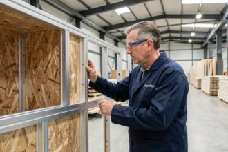Artisan français inspectant la structure intérieure d'un mobil-home en cours de fabrication dans un atelier industriel moderne