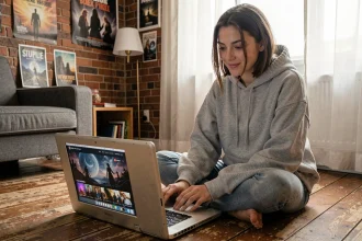 Jeune femme fan de Twilight consultant le site jacksonrathbone.fr sur son ordinateur portable dans un appartement cosy