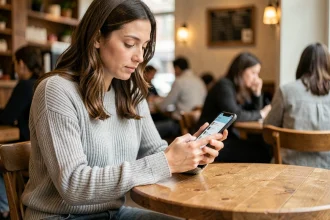 Femme utilisant une application de rencontre sécurisée sur son smartphone dans un café urbain